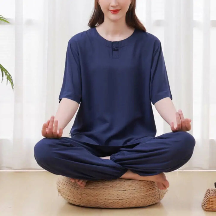 BWOOOH 2pcs Plain Color Frog-Button Simple Design Crew Neck Design Half Sleeve Shirt Top Elastic Waist Pants Meditation