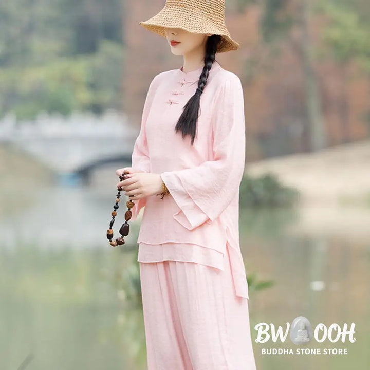 BWOOOH 2Pcs Plain Design Top Pants Meditation Yoga Zen Tai Chi Cotton Linen Clothing Women’s Set - Clothes