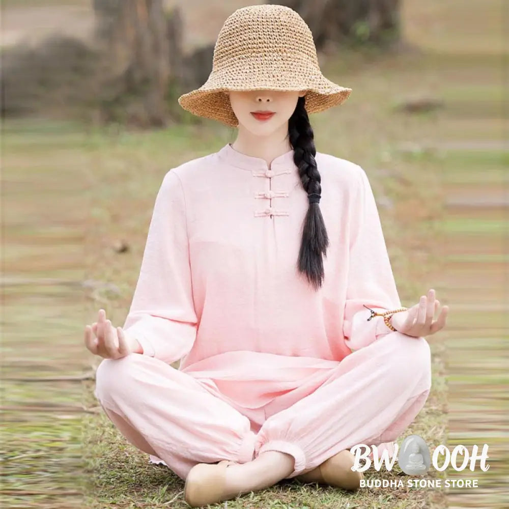 BWOOOH 2Pcs Plain Design Top Pants Meditation Yoga Zen Tai Chi Cotton Linen Clothing Women’s Set - Clothes