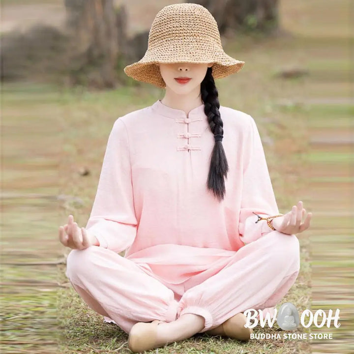 BWOOOH 2Pcs Plain Design Top Pants Meditation Yoga Zen Tai Chi Cotton Linen Clothing Women’s Set - Clothes