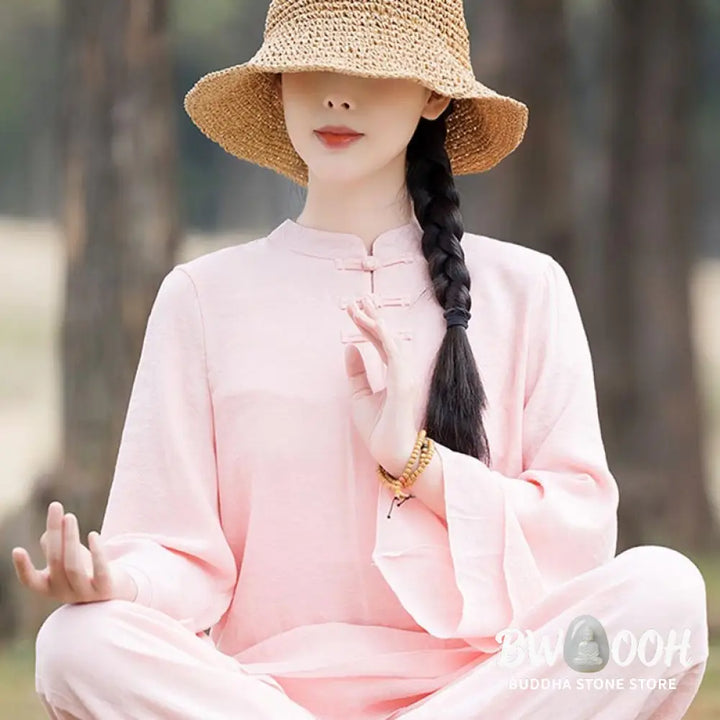 BWOOOH 2Pcs Plain Design Top Pants Meditation Yoga Zen Tai Chi Cotton Linen Clothing Women’s Set - Clothes