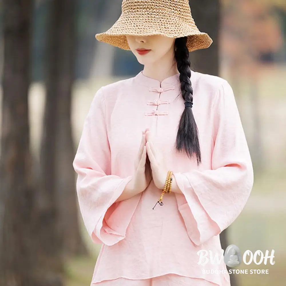 BWOOOH 2Pcs Plain Design Top Pants Meditation Yoga Zen Tai Chi Cotton Linen Clothing Women’s Set - Clothes