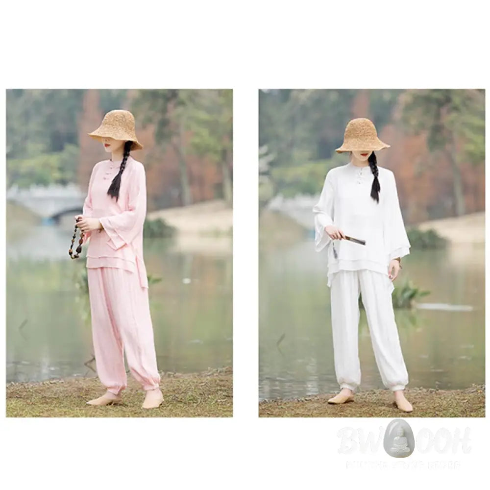 BWOOOH 2Pcs Plain Design Top Pants Meditation Yoga Zen Tai Chi Cotton Linen Clothing Women’s Set - Clothes