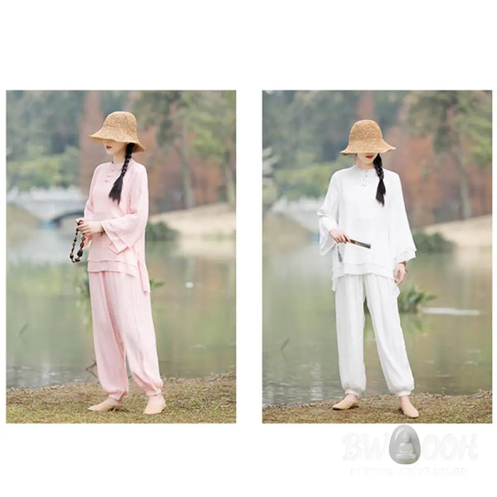 BWOOOH 2Pcs Plain Design Top Pants Meditation Yoga Zen Tai Chi Cotton Linen Clothing Women’s Set - Clothes