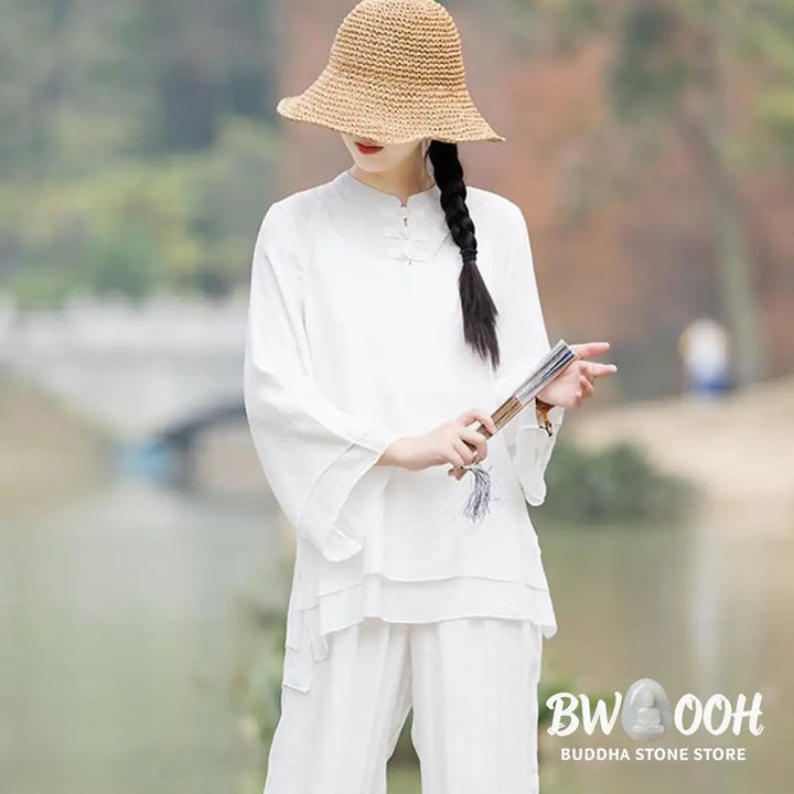 BWOOOH 2Pcs Plain Design Top Pants Meditation Yoga Zen Tai Chi Cotton Linen Clothing Women’s Set - Clothes