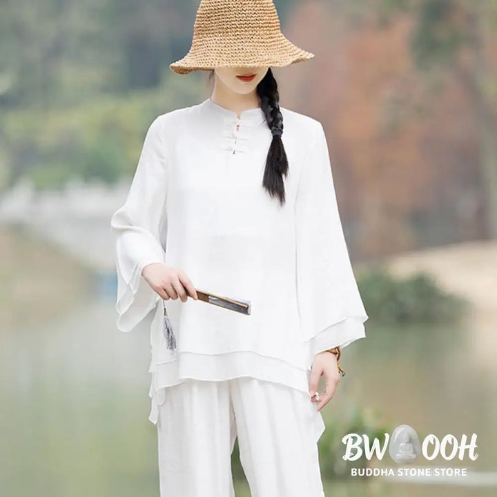 BWOOOH 2Pcs Plain Design Top Pants Meditation Yoga Zen Tai Chi Cotton Linen Clothing Women’s Set - Clothes