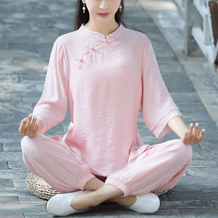 BWOOOH 2Pcs Plain Design Top Pants Meditation Yoga Zen Tai Chi Cotton Linen Clothing Women’s Set - Pink Chinese Frog