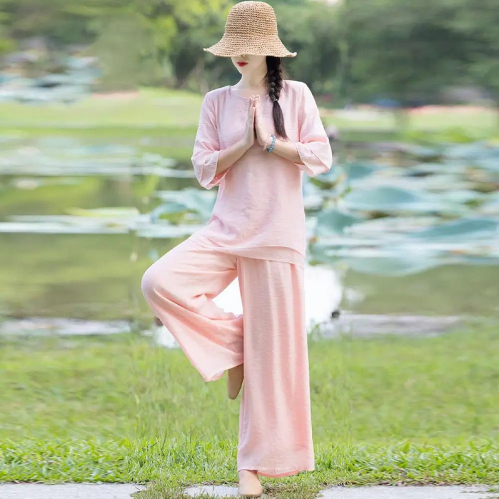 BWOOOH 2Pcs Plain Design Top Pants Meditation Yoga Zen Tai Chi Cotton Linen Clothing Women’s Set - Pink(Top&amp;Pants)