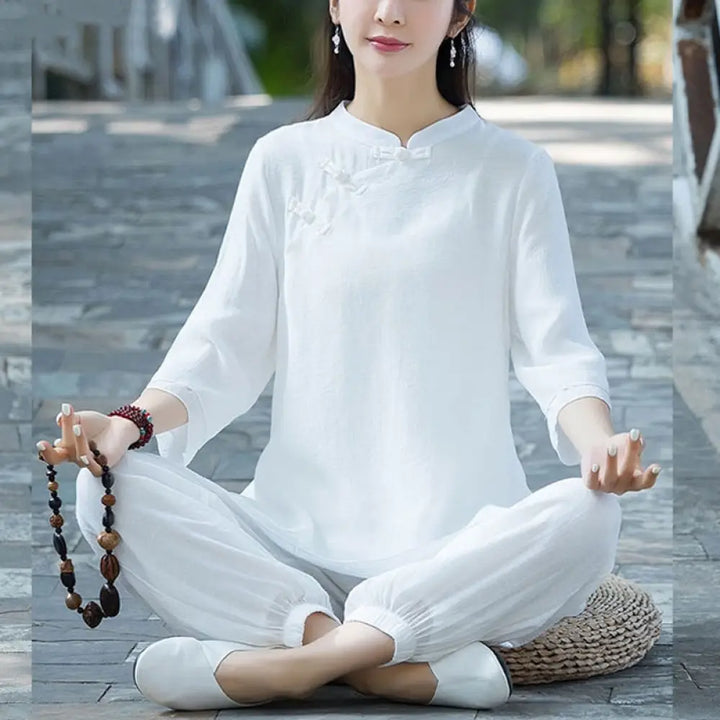 BWOOOH 2Pcs Plain Design Top Pants Meditation Yoga Zen Tai Chi Cotton Linen Clothing Women’s Set - White Chinese Frog