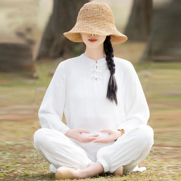 BWOOOH 2Pcs Plain Design Top Pants Meditation Yoga Zen Tai Chi Cotton Linen Clothing Women’s Set - White Front Chinese