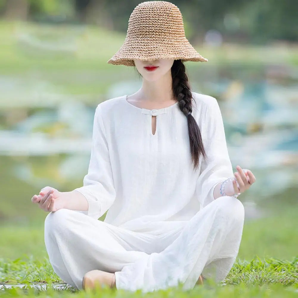BWOOOH 2Pcs Plain Design Top Pants Meditation Yoga Zen Tai Chi Cotton Linen Clothing Women’s Set - White(Top&amp;Pants)