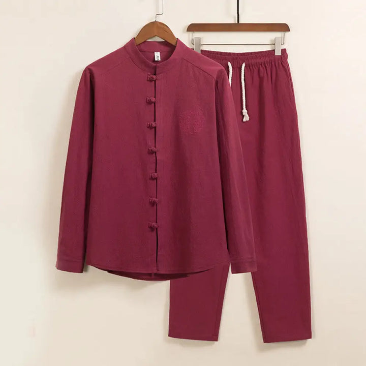 BWOOOH 2Pcs Plain Men’s Frog-Button Long Sleeve Cotton Shirt Pants Set With Pockets - FireBrick / US/UK/AU36，EU46 (L)
