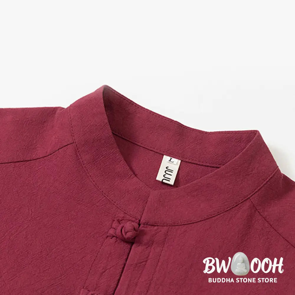 BWOOOH 2Pcs Plain Men’s Frog-Button Long Sleeve Cotton Shirt Pants Set With Pockets - Men’s Meditation Cloth