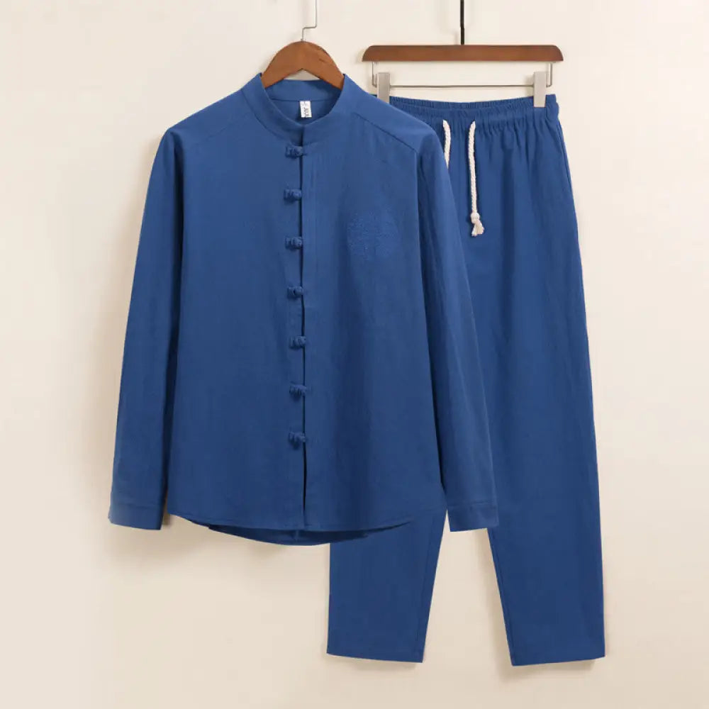 BWOOOH 2Pcs Plain Men’s Frog-Button Long Sleeve Cotton Shirt Pants Set With Pockets - RoyalBlue / US/UK/AU36，EU46 (L)
