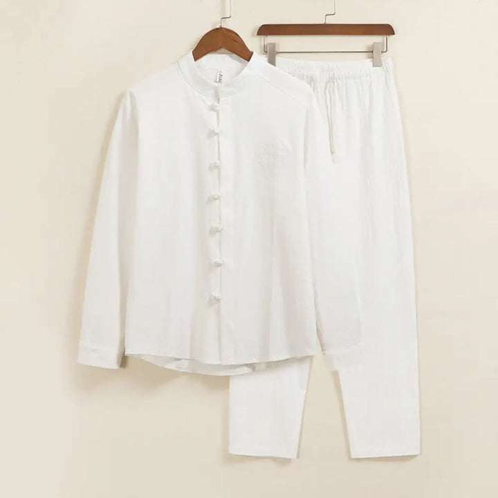 BWOOOH 2Pcs Plain Men’s Frog-Button Long Sleeve Cotton Shirt Pants Set With Pockets - White / US/UK/AU36，EU46 (L)