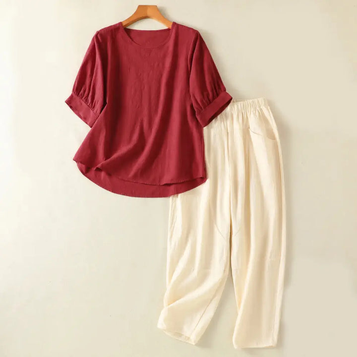 BWOOOH 2pcs Plain Women’s Short Sleeve Shirt Harem Pants Meditation Clothing Set - Brown / US4，UK/AU8，EU36 (L)