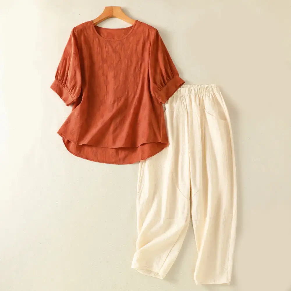 BWOOOH 2pcs Plain Women’s Short Sleeve Shirt Harem Pants Meditation Clothing Set - Chocolate / US4，UK/AU8，EU36 (L)