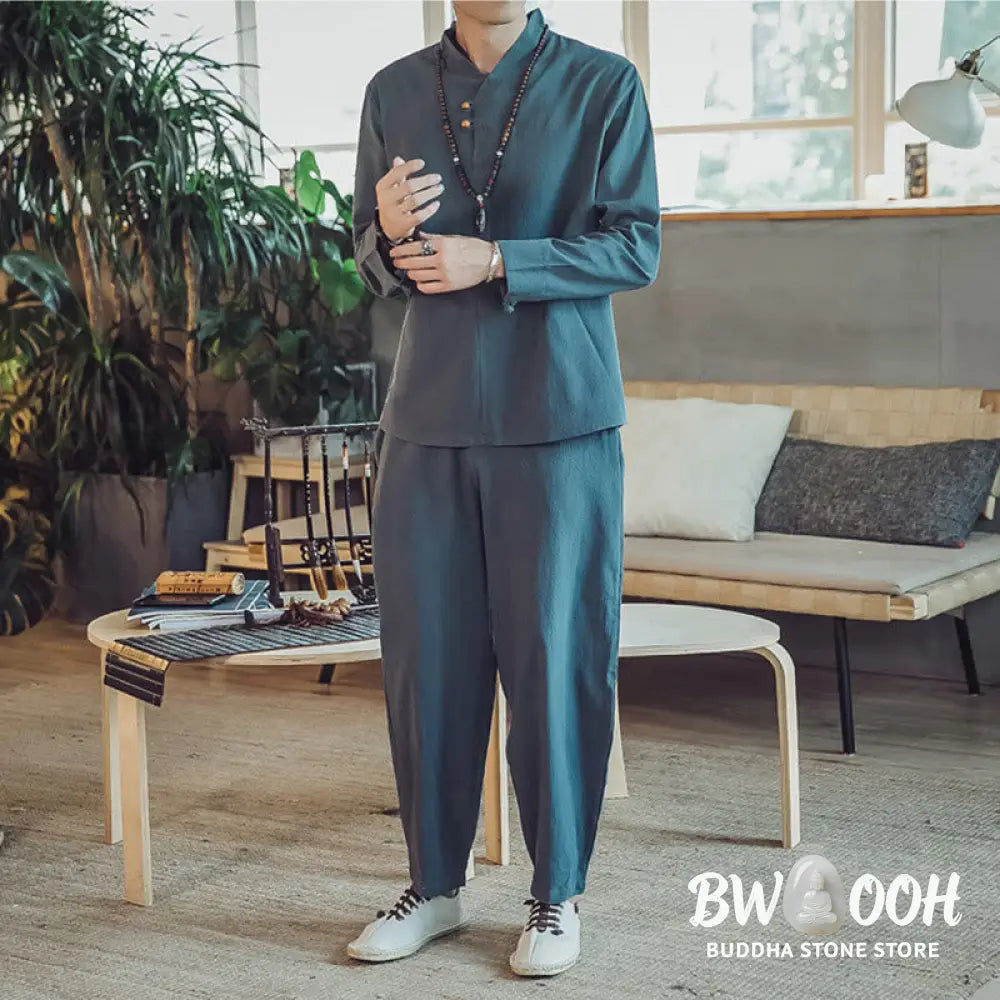 BWOOOH 2Pcs Shirt Ankle-Length Pants With Pockets Men’s Meditation Cloth Set - Men’s Meditation Cloth