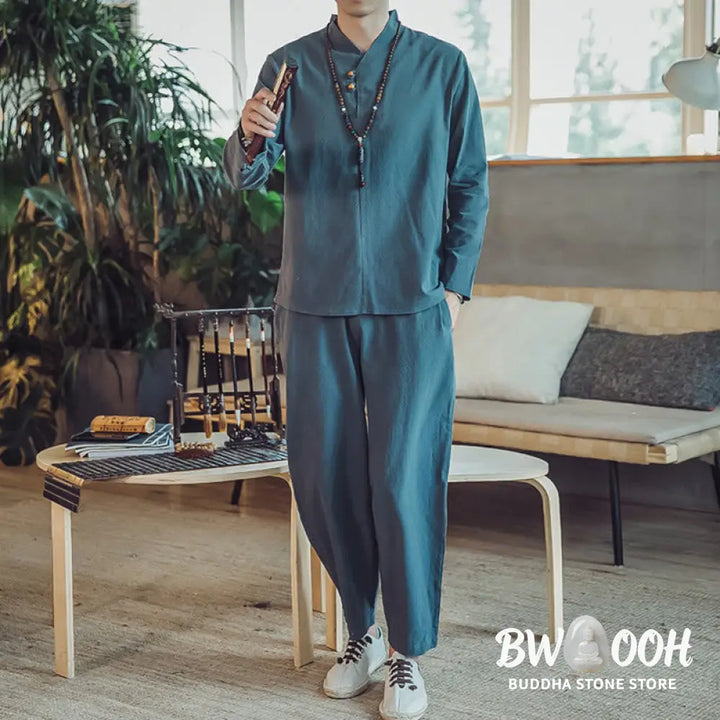 BWOOOH 2Pcs Shirt Ankle-Length Pants With Pockets Men’s Meditation Cloth Set - Men’s Meditation Cloth