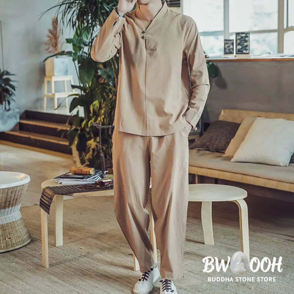 BWOOOH 2Pcs Shirt Ankle-Length Pants With Pockets Men’s Meditation Cloth Set - Men’s Meditation Cloth