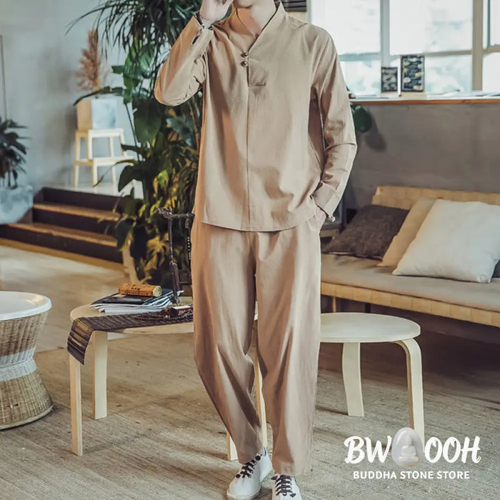BWOOOH 2Pcs Shirt Ankle-Length Pants With Pockets Men’s Meditation Cloth Set - Men’s Meditation Cloth