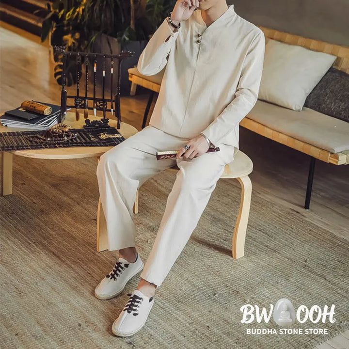BWOOOH 2Pcs Shirt Ankle-Length Pants With Pockets Men’s Meditation Cloth Set - Men’s Meditation Cloth