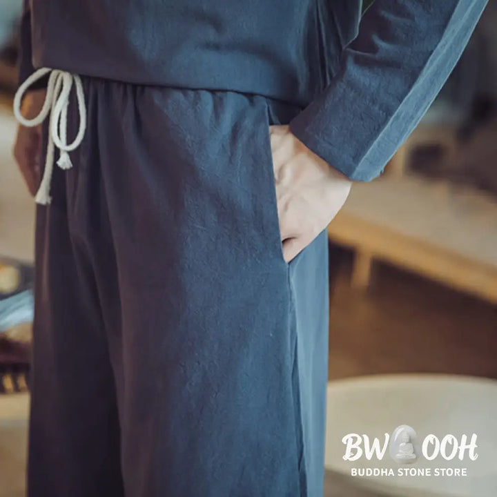 BWOOOH 2Pcs Shirt Ankle-Length Pants With Pockets Men’s Meditation Cloth Set - Men’s Meditation Cloth