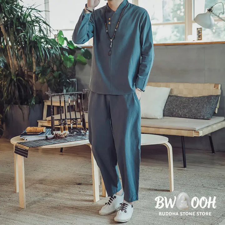 BWOOOH 2Pcs Shirt Ankle-Length Pants With Pockets Men’s Meditation Cloth Set - Men’s Meditation Cloth