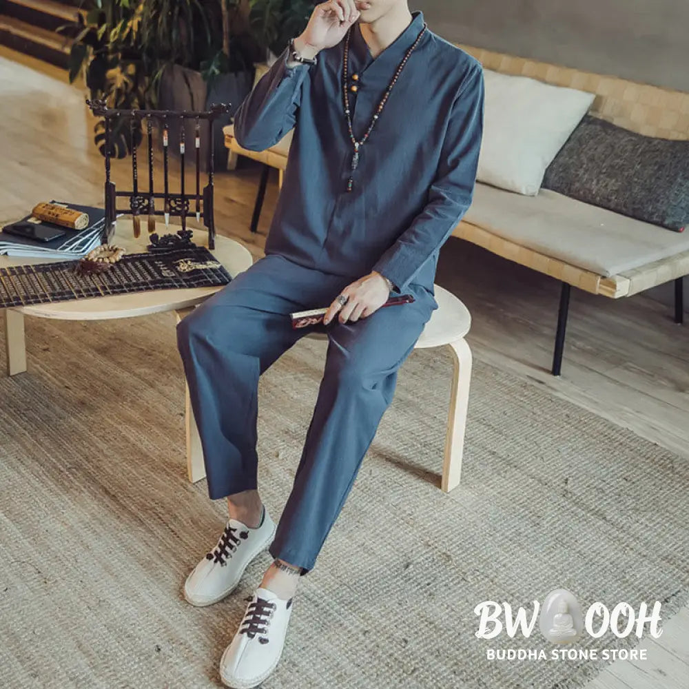 BWOOOH 2Pcs Shirt Ankle-Length Pants With Pockets Men’s Meditation Cloth Set - Men’s Meditation Cloth