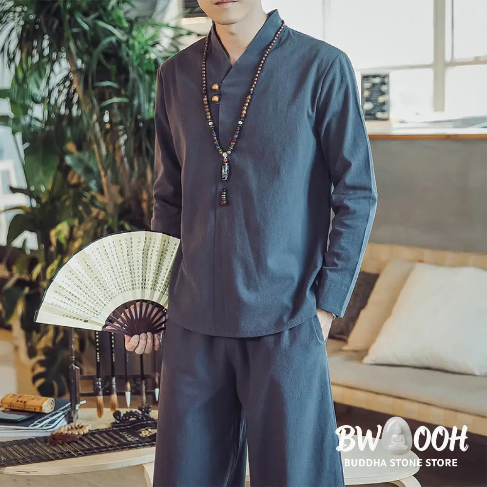 BWOOOH 2Pcs Shirt Ankle-Length Pants With Pockets Men’s Meditation Cloth Set - Men’s Meditation Cloth