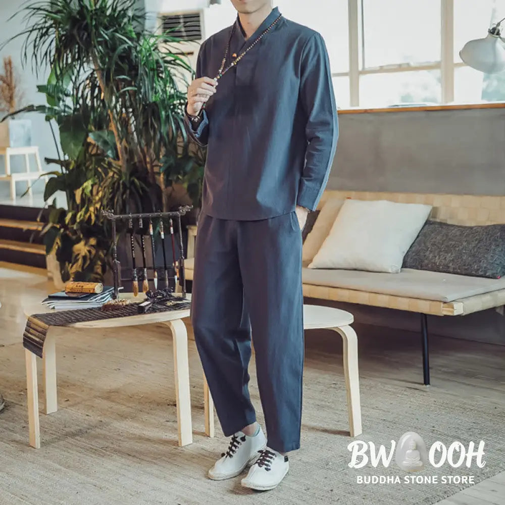 BWOOOH 2Pcs Shirt Ankle-Length Pants With Pockets Men’s Meditation Cloth Set - Men’s Meditation Cloth