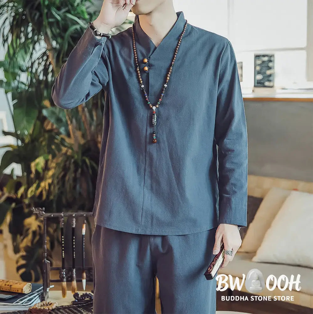 BWOOOH 2Pcs Shirt Ankle-Length Pants With Pockets Men’s Meditation Cloth Set - Men’s Meditation Cloth