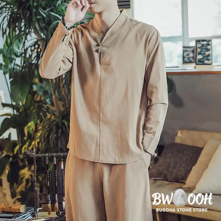 BWOOOH 2Pcs Shirt Ankle-Length Pants With Pockets Men’s Meditation Cloth Set - Men’s Meditation Cloth