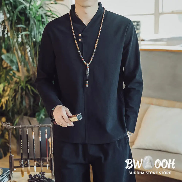 BWOOOH 2Pcs Shirt Ankle-Length Pants With Pockets Men’s Meditation Cloth Set - Men’s Meditation Cloth