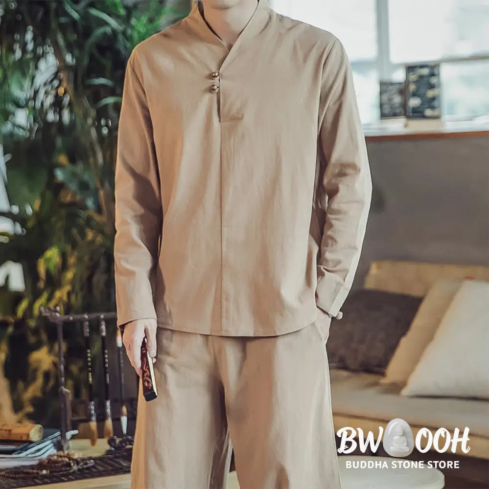 BWOOOH 2Pcs Shirt Ankle-Length Pants With Pockets Men’s Meditation Cloth Set - Men’s Meditation Cloth