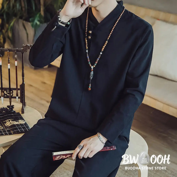 BWOOOH 2Pcs Shirt Ankle-Length Pants With Pockets Men’s Meditation Cloth Set - Men’s Meditation Cloth
