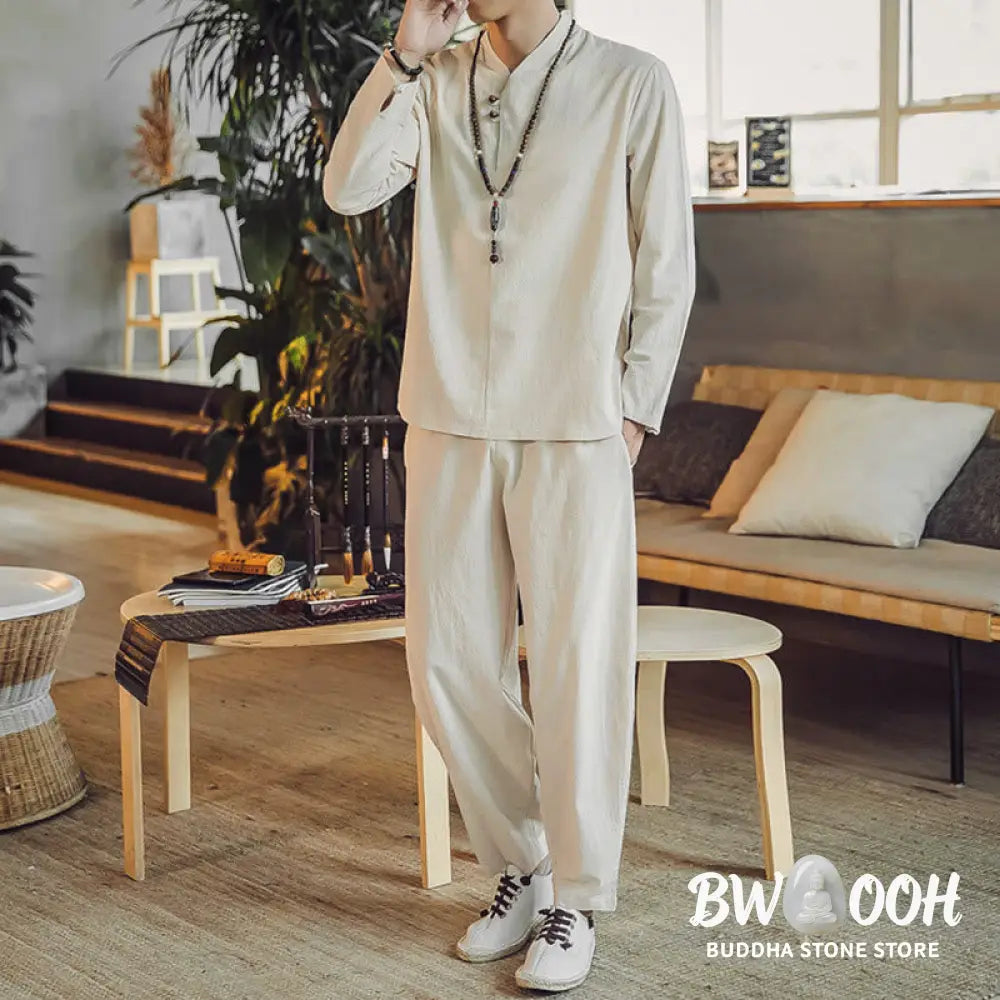 BWOOOH 2Pcs Shirt Ankle-Length Pants With Pockets Men’s Meditation Cloth Set - Men’s Meditation Cloth