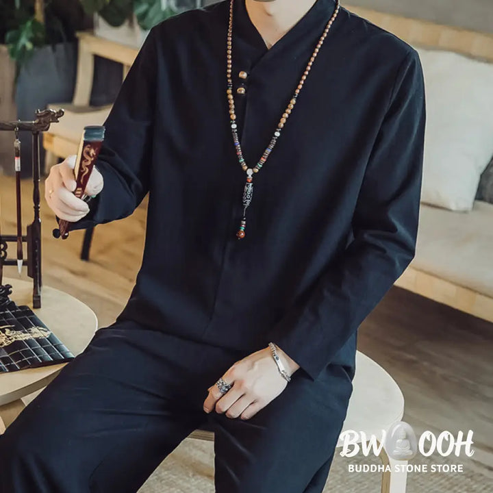 BWOOOH 2Pcs Shirt Ankle-Length Pants With Pockets Men’s Meditation Cloth Set - Men’s Meditation Cloth