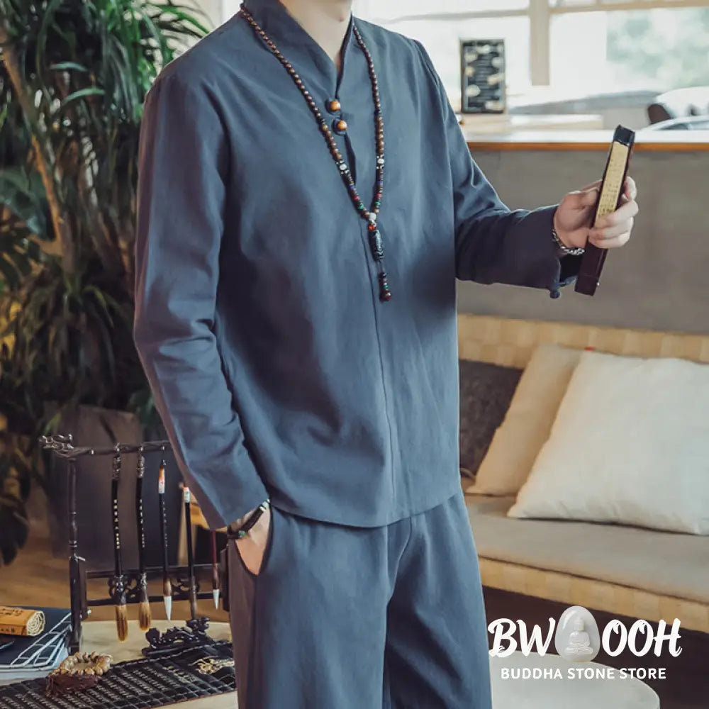 BWOOOH 2Pcs Shirt Ankle-Length Pants With Pockets Men’s Meditation Cloth Set - Men’s Meditation Cloth