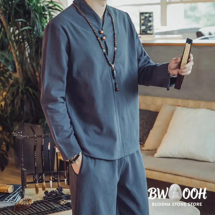BWOOOH 2Pcs Shirt Ankle-Length Pants With Pockets Men’s Meditation Cloth Set - Men’s Meditation Cloth