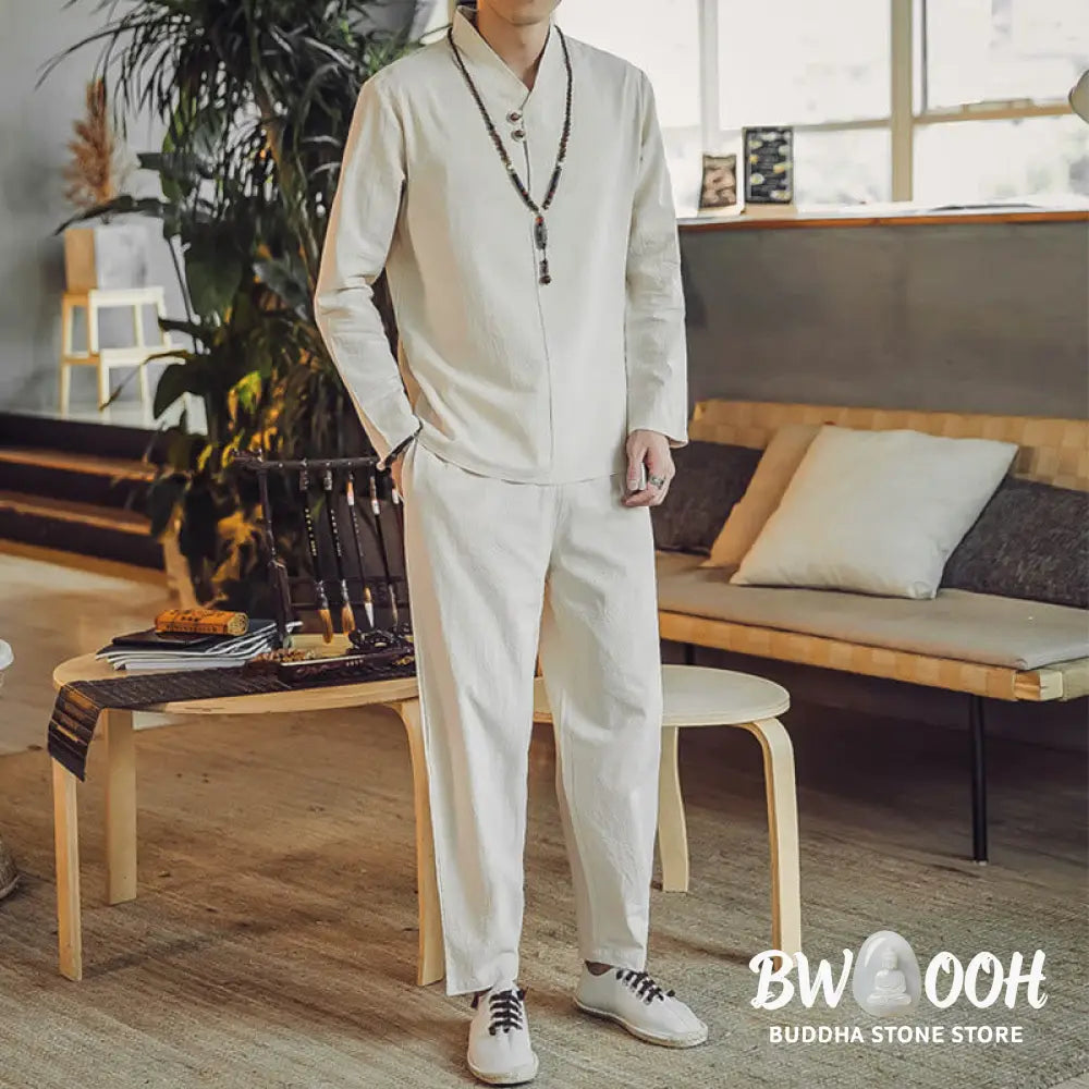 BWOOOH 2Pcs Shirt Ankle-Length Pants With Pockets Men’s Meditation Cloth Set - Men’s Meditation Cloth