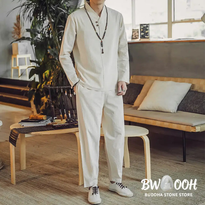 BWOOOH 2Pcs Shirt Ankle-Length Pants With Pockets Men’s Meditation Cloth Set - Men’s Meditation Cloth