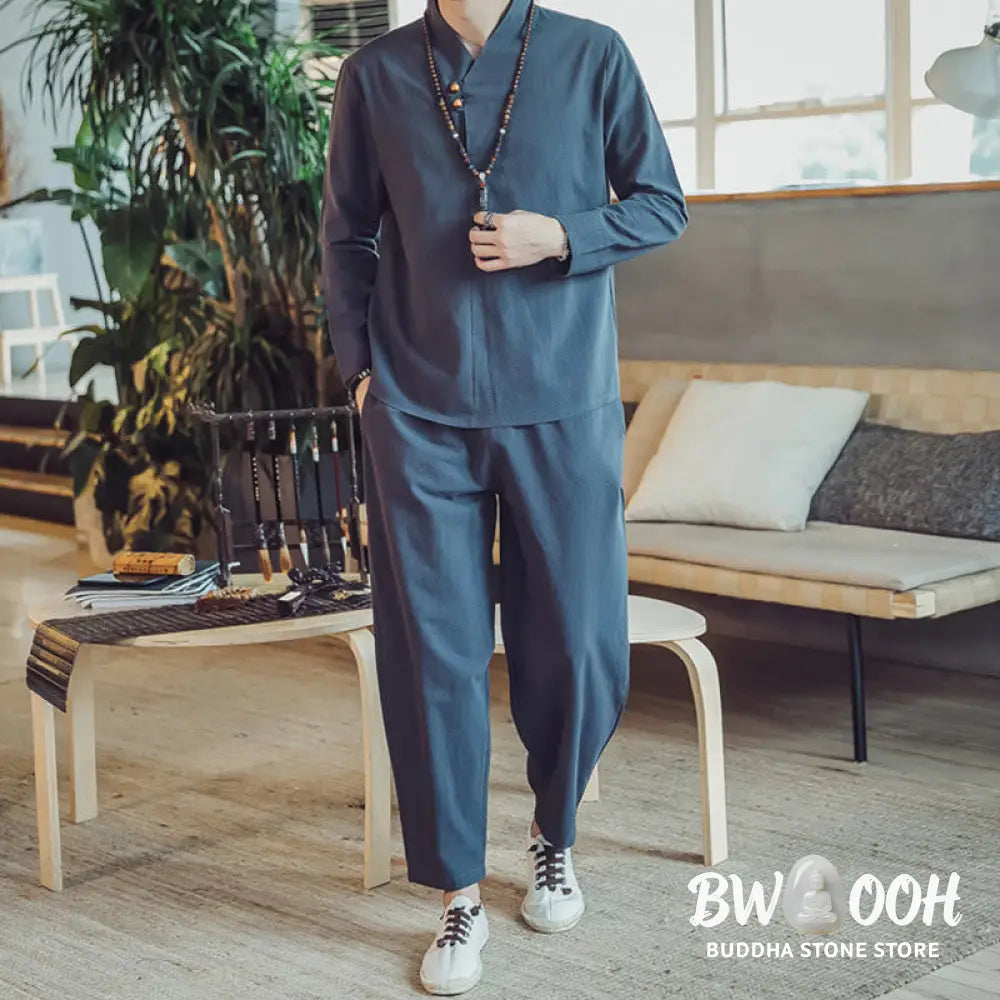 BWOOOH 2Pcs Shirt Ankle-Length Pants With Pockets Men’s Meditation Cloth Set - Men’s Meditation Cloth