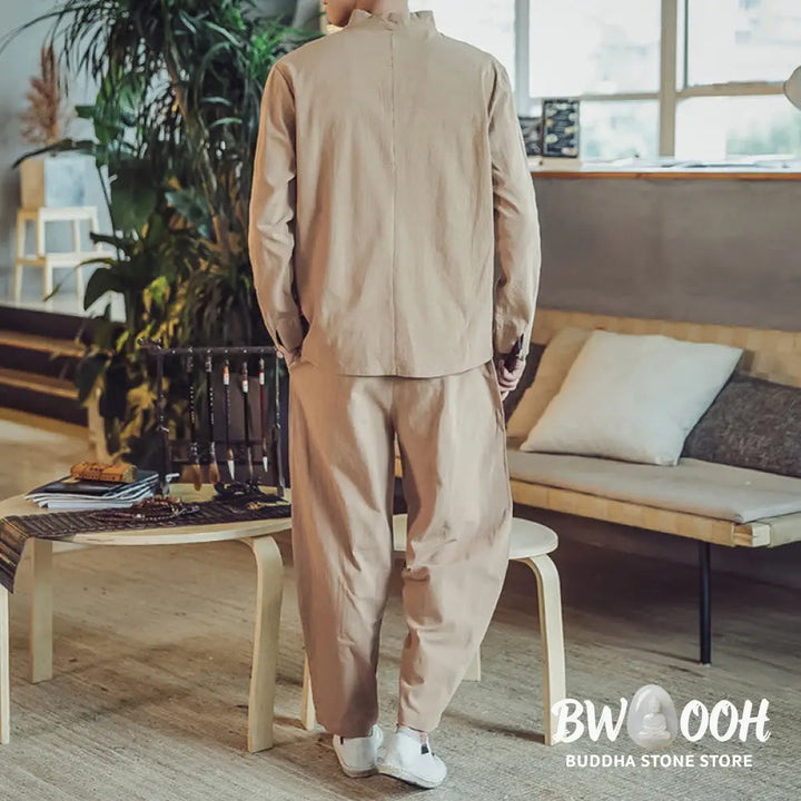 BWOOOH 2Pcs Shirt Ankle-Length Pants With Pockets Men’s Meditation Cloth Set - Men’s Meditation Cloth