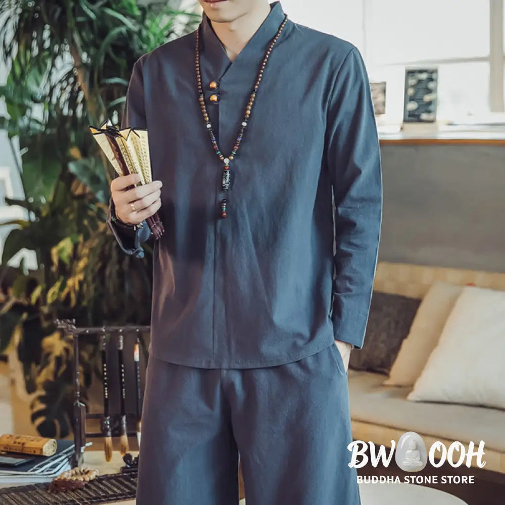 BWOOOH 2Pcs Shirt Ankle-Length Pants With Pockets Men’s Meditation Cloth Set - Men’s Meditation Cloth
