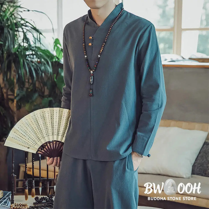 BWOOOH 2Pcs Shirt Ankle-Length Pants With Pockets Men’s Meditation Cloth Set - Men’s Meditation Cloth