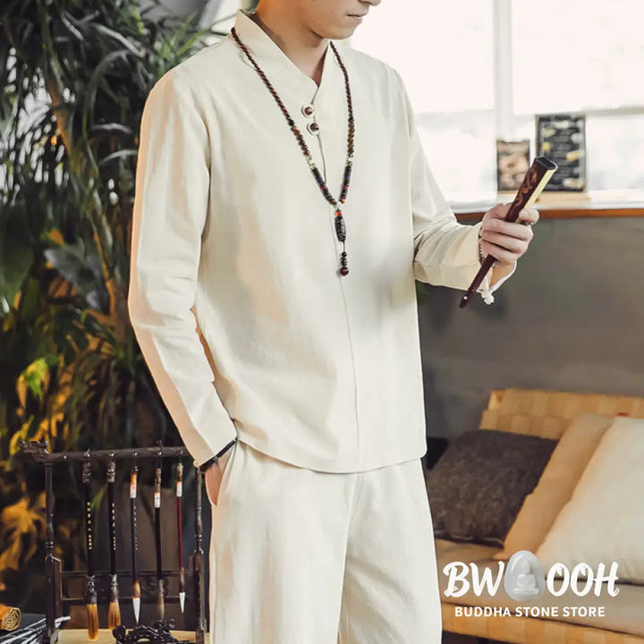 BWOOOH 2Pcs Shirt Ankle-Length Pants With Pockets Men’s Meditation Cloth Set - Men’s Meditation Cloth