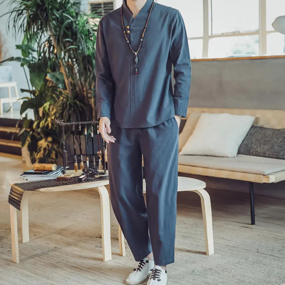 BWOOOH 2Pcs Shirt Ankle-Length Pants With Pockets Men’s Meditation Cloth Set - SteelBlue / US/UK/AU34，EU44 (L) - Men’s