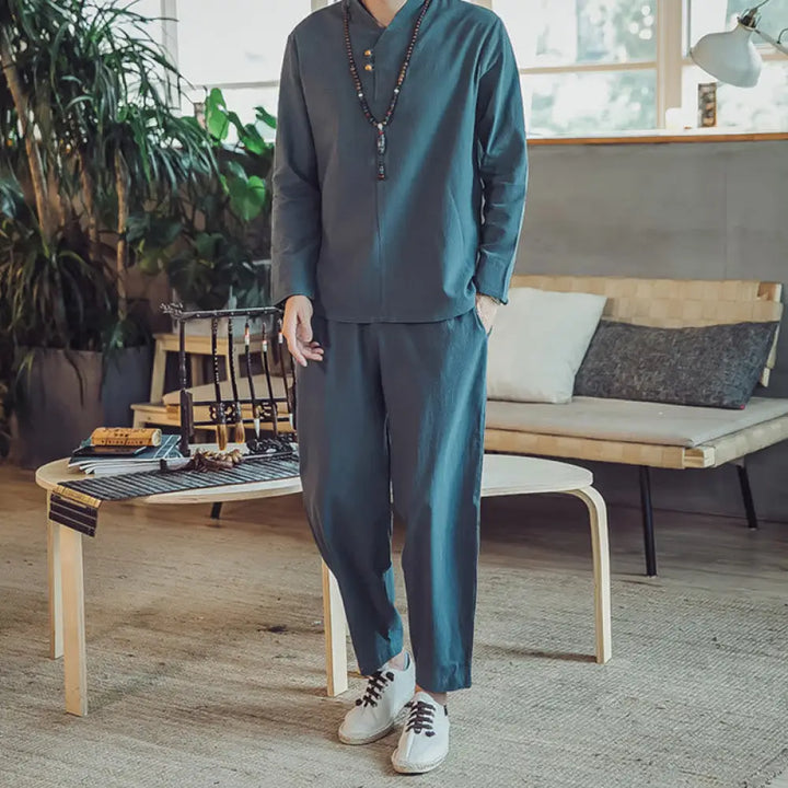 BWOOOH 2Pcs Shirt Ankle-Length Pants With Pockets Men’s Meditation Cloth Set - Teal / US/UK/AU34，EU44 (L) - Men’s