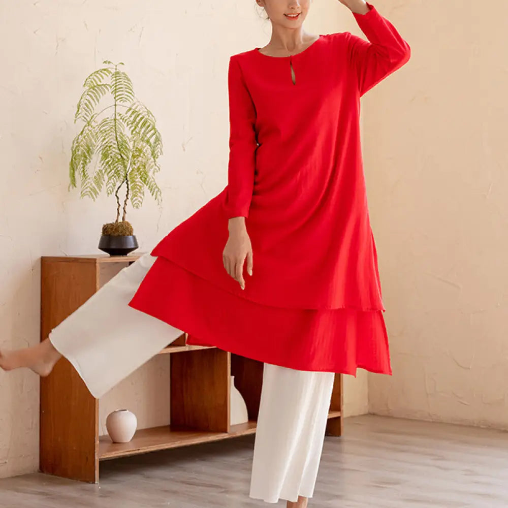 BWOOOH 2Pcs Simple Design Tai Chi Meditation Yoga Clothing Top Pants Women’s Set - Red Top&amp;White Pants